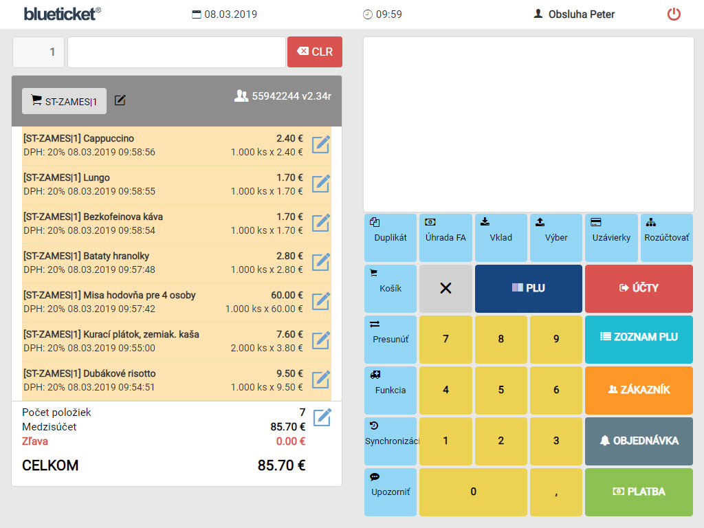 Účtovacia obrazovka dotykovej registračnej pokladňe blueticket®