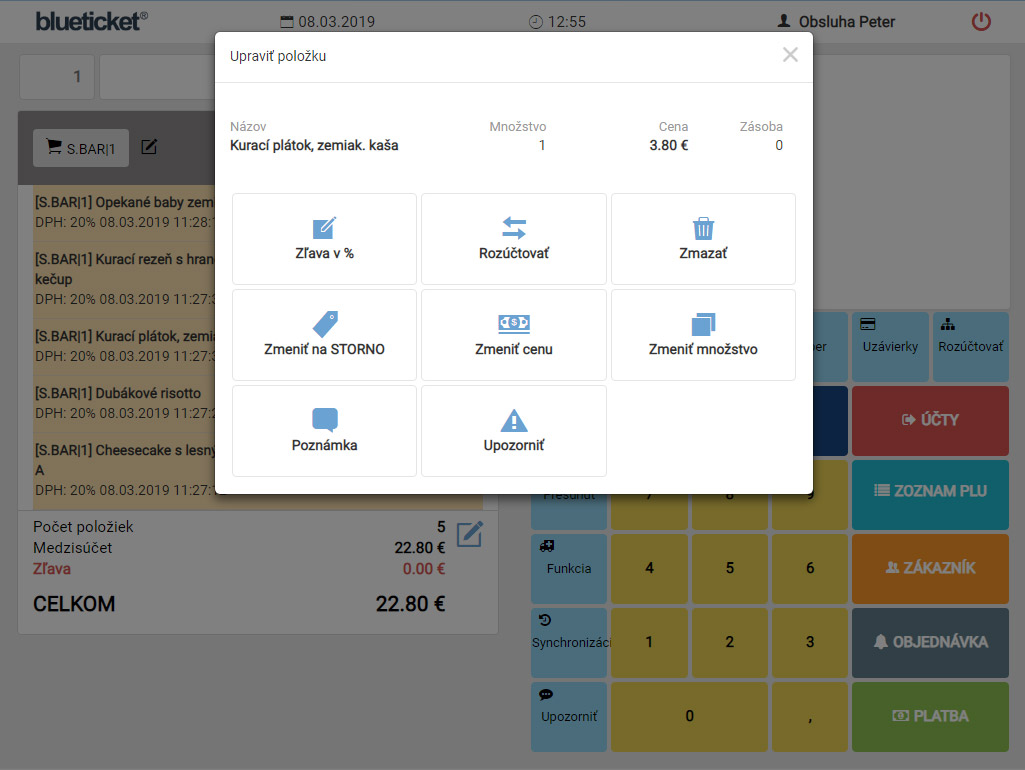 Operácie nad položkami a účtom na dotykovej registračnej pokladni blueticket®